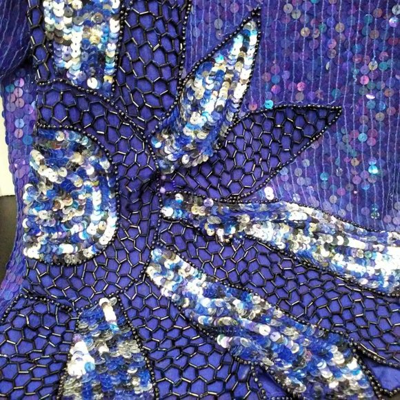 Vintage 80s Stenay India Silk Sequin Blouse Beaded Top Ladies-M Flower Leaf Blue - Picture 12 of 12